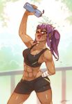  1girl abs amputee belly biceps bike_shorts blush bottle breasts dark_skin highres katawa_shoujo long_hair looking_at_viewer miura_miki muscle muscular_female one_eye_closed purple_eyes purple_hair rtil smile solo sports_bra toned water water_bottle wet 