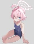  absurdres arsyky14 bare_shoulders blue_archive blue_eyes breasts covered_navel grey_background halo heterochromia highres hoshino_(blue_archive) looking_at_viewer medium_hair pink_hair pink_halo school_swimsuit simple_background small_breasts swimsuit thighs yellow_eyes 