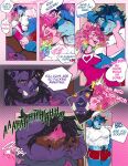 2025 anthro barabait bear blue_body blush body_hair breast_grab breasts bulge canid canine canis cherry_(barabait) clothing comic controller dialogue ear_piercing english_text facial_piercing female game_controller group hair hand_on_breast heart_symbol hi_res julian_(barabait) kissing licking_tongue long_hair male male/female mammal muffled_screaming muscular nipple_outline nose_piercing piercing pink_body profanity purple_body ridge_(barabait) shirt suid suine sus_(pig) tank_top text topwear trio watermark wild_boar wolf