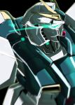 black_background char&#039;s_counterattack commentary glowing glowing_eyes green_eyes gundam highres kuroiwa_cookie mecha mecha_focus mobile_suit no_humans nu_gundam robot science_fiction simple_background solo v-fin weapon zooming_in 