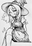  1girl absurdres apron blush bow braid breasts closed_mouth commentary_request cookie_(touhou) crossed_legs feet_out_of_frame frilled_apron frills greyscale hair_between_eyes hair_bow hat hat_bow highres kirisame_marisa long_bangs long_hair looking_at_viewer medium_breasts melanin_shikiso monochrome one_eye_closed puffy_short_sleeves puffy_sleeves short_sleeves side_braid simple_background single_braid sitting smile socks solo star_(symbol) suzu_(cookie) touhou unusually_open_eyes waist_apron witch_hat 