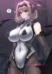  1girl ? absurdres bare_shoulders black_gloves blue_eyes blush bodysuit breasts brown_hair cameltoe covered_navel covered_nipples elbow_gloves giant giantess gloves headgear highres hypnosis impossible_bodysuit impossible_clothes impossible_leotard large_breasts leotard medium_hair mind_control open_mouth original pantyhose sherman_(egnk2525) short_hair solo spoken_question_mark 