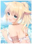  1girl :3 animal_ears armlet artist_name ayamisiro bare_shoulders bikini blonde_hair breasts cat_ears cat_girl copyright_name facial_mark final_fantasy final_fantasy_xiv from_behind green_eyes highres jewelry looking_at_viewer miqo&#039;te necklace ponytail signature solo swimsuit warrior_of_light_(ff14) whisker_markings white_bikini 
