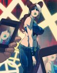  1girl birthmark black_hair breasts bun_with_braided_base commentary cone_hair_bun double_bun english_commentary exmile green_eyes green_lips hair_bun highres joestar_birthmark jojo_no_kimyou_na_bouken kujo_jolyne midriff multicolored_hair solo spider_web_print stone_ocean two-tone_hair 