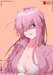  1girl ^^^ absurdres blue_eyes blush bocchi_the_rock! bra breasts chinese_commentary cleavage collarbone commentary_request cube_hair_ornament gotoh_hitori hair_ornament hair_over_one_eye highres jacket jyuunen-kun large_breasts long_hair long_sleeves looking_at_viewer open_clothes open_jacket open_mouth orange_background pink_hair pink_jacket simple_background solo underwear white_bra 