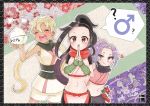  3girls absurdres asagao_(kunoichi_tsubaki_no_mune_no_uchi) bike_shorts black_hair blonde_hair bowl commentary_request dark_skin flower highres kunoichi_tsubaki_no_mune_no_uchi midriff multiple_girls ninja pelvic_curtain purple_hair rice_bowl sazanka_(kunoichi_tsubaki_no_mune_no_uchi) scarf shorts tsubaki_(kunoichi_tsubaki_no_mune_no_uchi) user_apyh3735_naru 