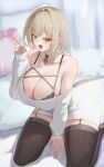  1girl :d bare_shoulders black_choker black_thighhighs blonde_hair blush breasts brown_eyes choker cleavage collarbone commentary dress fang hand_up highres kneeling large_breasts long_sleeves medium_hair off_shoulder open_mouth original pillow plaster_(2501) skin_fang smile solo sweater sweater_dress symbol-only_commentary thighhighs thighs v 