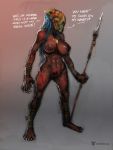  2020 3:4 abs big_breasts breasts claws dialogue digital_media_(artwork) female hair mask melee_weapon neurodyne nipples not_furry nude polearm simple_background spear text weapon 