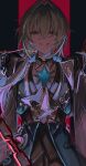  1boy anaxa_(honkai:_star_rail) aqua_hair black_jacket chain grin highres honkai:_star_rail honkai_(series) jacket looking_at_viewer male_focus medium_hair mg_omom red_eyes side_ponytail smile solo teeth twitter_username upper_body 