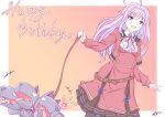  1girl ahoge ashley_arvasti belt blue_eyes cerberus dog happy_birthday highres iris_mysteria! k_(nura-rikuo) long_hair long_skirt open_mouth pet purple_hair skirt smile standing 