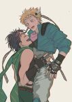  2boys :d absurdres aqua_jacket battle_tendency black_gloves blonde_hair brown_hair caesar_anthonio_zeppeli chromatic_aberration closed_eyes crop_top cropped_jacket facial_mark feather_hair_ornament feathers film_grain fingerless_gloves gloves green_eyes green_pants grey_pants grey_shirt hair_ornament hand_on_another&#039;s_waist headband highres jacket jojo_no_kimyou_na_bouken joseph_joestar looking_at_another male_focus multicolored_scarf multiple_boys open_mouth pants pink_scarf scarf shirt short_hair smile striped_clothes striped_scarf surprised sweatdrop t_0nd white_background yaoi 