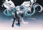 1girl absurdres black_boots black_skirt black_sleeves blue_eyes blue_hair boots closed_mouth commentary_request convenient_leg detached_sleeves floating_hair hair_between_eyes hand_up hatsune_miku highres hui_yu_yu_yu_ye index_finger_raised long_hair long_sleeves original pleated_skirt shirt shoe_soles skirt sleeveless sleeveless_shirt smile solo thigh_boots twintails very_long_hair white_shirt wide_sleeves 