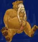 ambiguous_gender anthro anthro_pred balls bear belly big_belly blonde_hair blue_background brown_body brown_fur claws colored duo erection eyes_closed feet feet_first forced fur genitals guide_lines hair hand_on_penis hi_res human human_prey jeri_kleinlowe male male/ambiguous mammal navel open_mouth oral_vore overweight pale_skin penis pink_penis scared simple_background sitting size_difference smaller_pred smile teeth unwilling_prey vore wide_eyed willing_prey