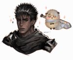  1boy :3 absurdres berserk black_hair blush chiikawa commentary creature crossover dark-skinned_male dark_skin english_commentary fluffy fluffysaimai_ii guts_(berserk) highres male_focus multiple_boys otter portrait rakko_(chiikawa) scar scar_on_face scar_on_nose short_hair sparkle sword sword_on_back twitter_username weapon weapon_on_back 