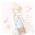  1girl alchemist_(ragnarok_online) animal_on_head bird bird_on_head blonde_hair blue_bird blue_dress blue_eyes blue_gloves blush bow breasts cake cake_slice candy cape clover commentary_request cowboy_shot dress elbow_gloves filir_(ragnarok_online) fingerless_gloves food four-leaf_clover fur_collar gloves hair_bow lollipop looking_at_viewer lowres mimi_(caramel-candy) mouth_hold on_head pink_background pink_bow pink_cape potion ragnarok_online short_hair sleeveless sleeveless_dress small_breasts solo swirl_lollipop translation_request two-tone_background 