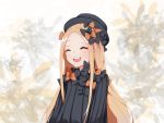 1girl 4thrabbit abigail_williams_(fate/grand_order) bangs black_bow black_dress black_headwear blonde_hair blush bow breasts closed_eyes dress fate/grand_order fate_(series) forehead hair_bow highres long_hair multiple_bows open_mouth orange_bow parted_bangs polka_dot polka_dot_bow ribbed_dress small_breasts smile solo 