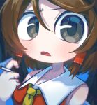  1girl black_eyes blue_background blush brown_hair cigarette commentary_request cookie_(touhou) hair_tubes hakurei_reimu highres holding holding_cigarette looking_at_viewer melanin_shikiso mochiya_(cookie) open_mouth simple_background solo touhou upper_body 