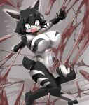  1girl animal_ears bell black_eyes black_hair black_skin blush bouncing_breasts breasts clenched_teeth colored_skin commentary_request completely_nude episode_170_monster_girl fewer_digits full_body furry furry_female highres large_breasts lets0020 looking_down multicolored_skin navel neck_bell nude one-punch_man redrawn sharp_teeth short_hair sitting slime_(substance) solo teeth two-tone_skin white_skin wolf_ears wolf_girl 