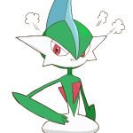  1boy :t arm_at_side blue_hair closed_mouth colored_skin commentary_request gallade green_hair green_skin hair_between_eyes half-closed_eyes hand_on_own_hip highres looking_at_viewer male_focus mohawk monya multicolored_hair multicolored_skin partial_commentary pokemon pokemon_(creature) pout puff_of_air red_eyes short_hair simple_background solo standing two-tone_hair two-tone_skin upper_body white_background white_skin 