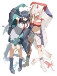  2girls anger_vein arknights bandeau black_hair closed_eyes colored_skin dragon_girl dragon_horns dragon_tail dusk_(arknights) earrings eastern_dragon_tail gradient_skin green_hands green_horns green_skin highres horns jewelry multicolored_hair multiple_girls nian_(arknights) pointy_ears red_bandeau red_skin siblings sisters streaked_hair tail tassel tassel_earrings tropicalnight29 white_hair 