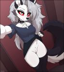 2025 anthro artmarshmallow bottomless bottomwear breasts canid canid_demon canine clothed clothing clothing_lift collar demon digital_media_(artwork) female fingers flashing genitals hair hellhound helluva_boss hi_res legwear long_hair looking_at_viewer loona_(helluva_boss) mammal medium_breasts mythological_canine mythological_creature mythology no_underwear partially_clothed presenting presenting_vulva raised_bottomwear raised_clothing raised_skirt red_eyes selfie skirt skirt_lift smile snout solo tail thigh_highs upskirt vulva white_hair