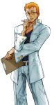  1boy capcom capcom_vs_snk_2 clipboard game_cg glasses highres jacket justice_gakuen kagami_kyousuke looking_to_the_side male_focus non-web_source official_art open_clothes open_jacket orange_hair pencil school_uniform short_hair solo white_background 