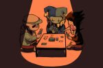  +_+ 3boys black_hair black_shirt black_shorts blue_jacket card cigarette commentary deltarune english_commentary hat heterochromatic_eyewear highres holding holding_card jacket jester_cap jevil minominoks multiple_boys neck_ruff on_chair pants playing_card pointy_ears pointy_nose sans_(undertale) shirt shorts sitting skeleton smoke smoke_trail smoking spamton_g._spamton spotlight table teeth tinted_eyewear white_pants 