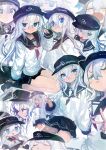  1girl :t =_= absurdres anchor_symbol black_hat black_sailor_collar black_skirt black_socks blue_eyes blush closed_eyes closed_mouth commentary_request flat_cap hair_between_eyes hat hibiki_(kancolle) highres kaamin_(mariarose753) kantai_collection long_hair long_sleeves multiple_views neckerchief one_eye_closed open_mouth red_neckerchief sailor_collar school_uniform serafuku sitting skirt socks star_(symbol) sweat v white_hair x_mouth 