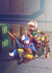 2022 5_fingers absurd_res accessory anthro barrel boots brother_(lore) brother_and_sister_(lore) canid canine clothing crate digital_media_(artwork) duo fan_character female fingers footwear fox fur gerovort hair hangar hi_res inspection male mammal marcus_mccloud melee_weapon nintendo scarf shirt shoes sibling_(lore) sister_(lore) sitting staff star_fox striped_body striped_fur stripes sword teeth topwear weapon white_hair