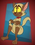 2024 anthro artist_name black_eyes black_nose brown_body brown_ears brown_fur brown_tail bunnicula_(series) butt chester_(bunnicula) collar crossed_arms digital_media_(artwork) domestic_cat fangs felid feline felis fur gavanzude happy hi_res looking_up male mammal multicolored_body multicolored_fur red_collar sharp_teeth sitting smile solo tail teeth text three-quarter_view two_tone_body two_tone_fur yellow_sclera