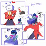  !? 1boy 1other ant_tenna armor arrow_(symbol) belt black_belt black_bodysuit blue_skin bodysuit capelet colored_skin commentary controller crossed_arms crt deltarune english_commentary game_controller gloves grey_pants highres korean_text kris_(deltarune) minteutokki1 necktie object_head pants partially_shaded_face pink_capelet pointy_nose size_difference spoken_interrobang standing_on_person tailcoat white_gloves yellow_necktie 