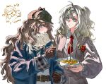  2girls absurdres belt bird blue_coat blue_eyes blue_hairband blue_neckerchief blush bowl brown_belt brown_hair coat collared_shirt dress food french_fries grey_hair grey_hat grey_sweater hairband hand_up hat highres holding holding_bowl holding_food long_hair marcus_(reverse:1999) matilda_bouanich medium_hair molen106 multiple_girls neckerchief necktie newsboy_cap one_side_up red_necktie reverse:1999 scarf seagull shirt smile sweater white_background white_dress white_scarf white_shirt 