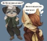anthro blue_eyes britz_strudel canid canine caninu canis cyberconnect2 domestic_cat domestic_dog duo english_text felid feline felineko felis fuga:_melodies_of_steel fur grey_body grey_fur grimace hair hair_over_eye hi_res kyle_bavarois little_tail_bronx male mammal necktie salamikii smile text white_hair
