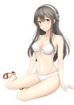  1girl bikini black_hair commentary_request feet front-tie_top hairband haruna_(kantai_collection) high_heels highres kantai_collection long_hair looking_at_viewer nekkusu_(nex_06) open_toe_shoes parted_lips sandals shoes simple_background sitting solo swimsuit toes white_background white_bikini white_hairband yokozuwari 