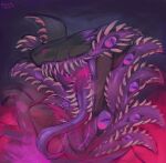 2024 ambiguous_gender black_body body_horror dated famir front_view hi_res looking_at_viewer multi_eye open_mouth pupils purple_eyes purple_tongue sharp_teeth signature simple_background slit_pupils solo species_request teeth tongue