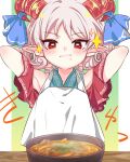  1girl armpits bare_shoulders bib blue_dress blue_ribbon bowl closed_mouth curly_hair detached_sleeves dress earrings eye_print food horn_ornament horn_ribbon horns jewelry kimi3735 meandros pointy_ears rectangular_pupils red_eyes red_horns red_sleeves ribbon saliva sheep_horns soup sparkle touhou toutetsu_yuuma white_hair 