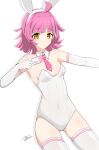  1girl ahoge animal_ears armpits ass_visible_through_thighs bare_shoulders blunt_bangs blunt_ends blush breasts card commentary covered_navel cowboy_shot detached_collar elbow_gloves expressionless fake_animal_ears gloves highres holding holding_card leotard looking_at_viewer love_live! love_live!_nijigasaki_high_school_idol_club medium_hair necktie pink_hair pink_necktie rabbit_ears rina-chan_board shadow sidelocks small_breasts solo tennoji_rina thighhighs thighs white_background white_gloves white_leotard white_thighhighs yellow_eyes yunite68 