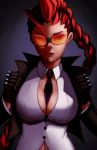  1girl absurdres ahoge between_breasts black_gloves breasts cleavage crimson_viper gloves highres large_breasts lips long_braid mature navel necktie necktie_between_breasts pompadour popped_collar red_hair scumworkz shooting_glasses solo street_fighter street_fighter_iv_(series) upper_body yellow-tinted_eyewear 
