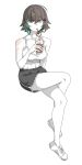  abs black_hair black_shorts breasts chocolate_milk crazy_straw crossed_legs cup dolphin_shorts drinking_straw emile_aoi girls&#039;_frontline girls&#039;_frontline_2:_exilium green_eyes green_hair heart_straw highres holding holding_cup looking_at_viewer scar scar_on_shoulder short_hair shorts simple_background tank_top toned white_background zhaohui_(girls&#039;_frontline_2) 