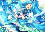  &gt;_&lt; 1girl :d absurdres bird blue_background blue_eyes blue_hair blue_neckwear blue_skirt blue_theme blue_vest choker cowboy_shot cure_fontaine gloves hair_ornament healin&#039;_good_precure heart heart_hair_ornament highres layered_skirt long_hair looking_away magical_girl nbata555 open_mouth pegitan_(precure) penguin ponytail precure puffy_sleeves sawaizumi_chiyu skirt smile split_ponytail vest water white_gloves 