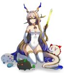  1girl adapted_costume annotated arknights arm_behind_back bare_shoulders blonde_hair blue_eyes bluedok_(o-ni) breasts cleavage closed_mouth collarbone colored_extremities commentary_request covered_navel detached_sleeves dragon_bubble_(arknights) dragon_girl dragon_horns dragon_tail dusk_(arknights) earrings english_commentary eyeliner full_body grey_hair hair_between_eyes hair_intakes highres holding holding_sword holding_weapon horns jewelry kneeling leotard ling_(arknights) long_hair long_sleeves looking_at_viewer makeup medium_breasts mixed-language_commentary multicolored_hair necklace nian_(arknights) orange_eyeliner partial_commentary playboy_bunny pointy_ears purple_hair seigaiha shu_(arknights) simple_background smile solo strapless strapless_leotard sword tail thighhighs very_long_hair weapon white_background white_leotard white_sleeves white_thighhighs 