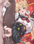  1boy 1girl :o absurdres ahegao alice_thymefield animal_ears bar_censor black_skirt blonde_hair blush breasts censored cum cum_overflow daram_(shappydude) fingerless_gloves gloves hand_on_own_leg heart hetero heterochromia highres indoors large_breasts long_hair md5_mismatch orange_eyes pantyhose penis pleated_skirt red_eyes sex shirt skirt split standing standing_on_one_leg standing_sex standing_split sweat torn_clothes torn_pantyhose vaginal white_shirt zenless_zone_zero 
