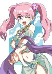  1girl ;d absurdres bikini cianter english_commentary fire_emblem fire_emblem:_the_blazing_blade fire_emblem_heroes flower flower_necklace hair_flower hair_ornament highres lei looking_at_viewer mixed-language_commentary navel official_alternate_costume one_eye_closed open_mouth pink_hair purple_eyes sarong serra_(fire_emblem) serra_(summer)_(fire_emblem) smile solo swimsuit teeth twintails upper_teeth_only 