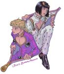  2boys black_hair black_shoes blonde_hair bob_cut braid bruno_bucciarati bug chromatic_aberration cleavage_cutout clothing_cutout copyright_name giorno_giovanna green_eyes hair_ornament hairpin halftone highres jacket jojo_no_kimyou_na_bouken ladybug ladybug_ornament long_hair male_focus multiple_boys pants pectoral_cleavage pectorals pink_jacket pink_pants shoes short_hair t_0nd vento_aureo victory_rolls white_jacket white_pants 
