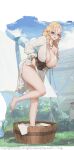  1girl absurdres bare_shoulders barefoot blonde_hair blue_eyes blue_sky blush bracelet braid breasts breasts_out cable clothes_lift dress dress_lift feet flower from_side garden grass hair_between_eyes hair_flower hair_ornament highres jewelry large_breasts light_blush long_hair long_sleeves looking_at_viewer low_neckline necklace open_clothes open_mouth original side_slit sidelocks skirt skirt_lift sky smile solo suerte twin_braids underbust wet white_dress 