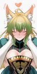  1girl 1other absurdres ahoge animal_ear_fluff arms_behind_back atalanta_(fate) blush breasts cleavage closed_eyes commentary dress elbow_gloves english_commentary fate/apocrypha fate_(series) full-face_blush gloves gradient_hair heart highres kamisato_sora long_hair multicolored_hair shy simple_background sweat very_long_hair white_background white_gloves 
