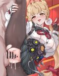  1boy 1girl :o absurdres ahegao alice_thymefield animal_ears bar_censor black_skirt blonde_hair blush breasts censored daram_(shappydude) fingerless_gloves gloves hand_on_own_leg hetero heterochromia highres indoors large_breasts long_hair md5_mismatch orange_eyes pantyhose penis pleated_skirt red_eyes sex shirt skirt split standing standing_on_one_leg standing_sex standing_split sweat torn_clothes torn_pantyhose vaginal white_shirt zenless_zone_zero 