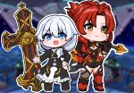  &gt;:) 2girls :d asymmetrical_footwear black_dress black_gloves black_leotard black_pantyhose blue_eyes blurry blurry_background blush boots breasts brown_eyes chibi cleavage closed_mouth commentary_request cross depth_of_field dress gloves grey_hair hand_on_own_hip highres holding holding_sword holding_weapon honkai_(series) honkai_impact_3rd juliet_sleeves leotard long_sleeves looking_at_viewer medium_breasts medium_hair mokkyo_(motkyo) multiple_girls murata_himeko murata_himeko_(vermillion_knight) open_mouth outline over_shoulder pantyhose parted_bangs petticoat puffy_sleeves red_boots red_hair smile standing sword sword_over_shoulder theresa_apocalypse theresa_apocalypse_(valkyrie_pledge) v-shaped_eyebrows weapon weapon_over_shoulder white_outline 