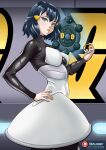  1girl blue_eyes blue_hair breasts bronzor bzurrf closed_mouth dawn_(pokemon) dress hair_ornament hairclip highres holding holding_poke_ball hypnosis leotard logo long_hair long_sleeves looking_at_viewer mind_control poke_ball pokemon pokemon_(creature) pokemon_dppt smile team_galactic team_galactic_uniform white_dress yellow_lips 