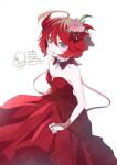  1boy 1girl ahoge alternate_costume atticus_(pokemon) bare_shoulders blonde_hair blue_eyes dress eyelashes flower hair_between_eyes hair_flower hair_ornament hair_over_one_eye looking_at_viewer mela_(pokemon) multicolored_hair parted_lips pokemon pokemon_sv red_dress red_hair saotome_(neptune_0416) short_hair solo_focus strapless strapless_dress two-tone_hair white_background 